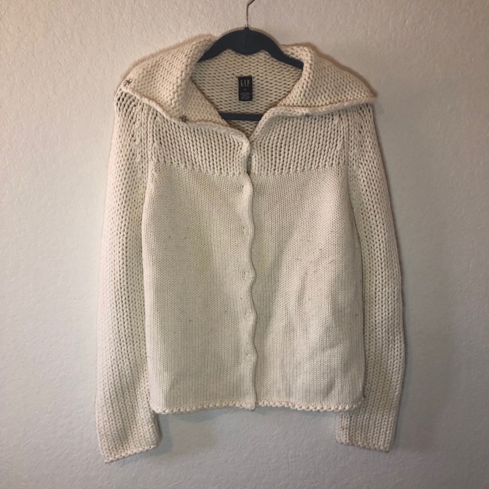 GAP Sweater Thick Knit Cream Snap Cardigan Sweater Shawl Collar Sz XL GUC